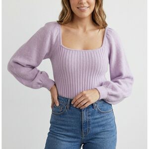 Halogen Wool Blend Ribbed Sweater Lavender Puff Sleeve Square Neck XS Romantic